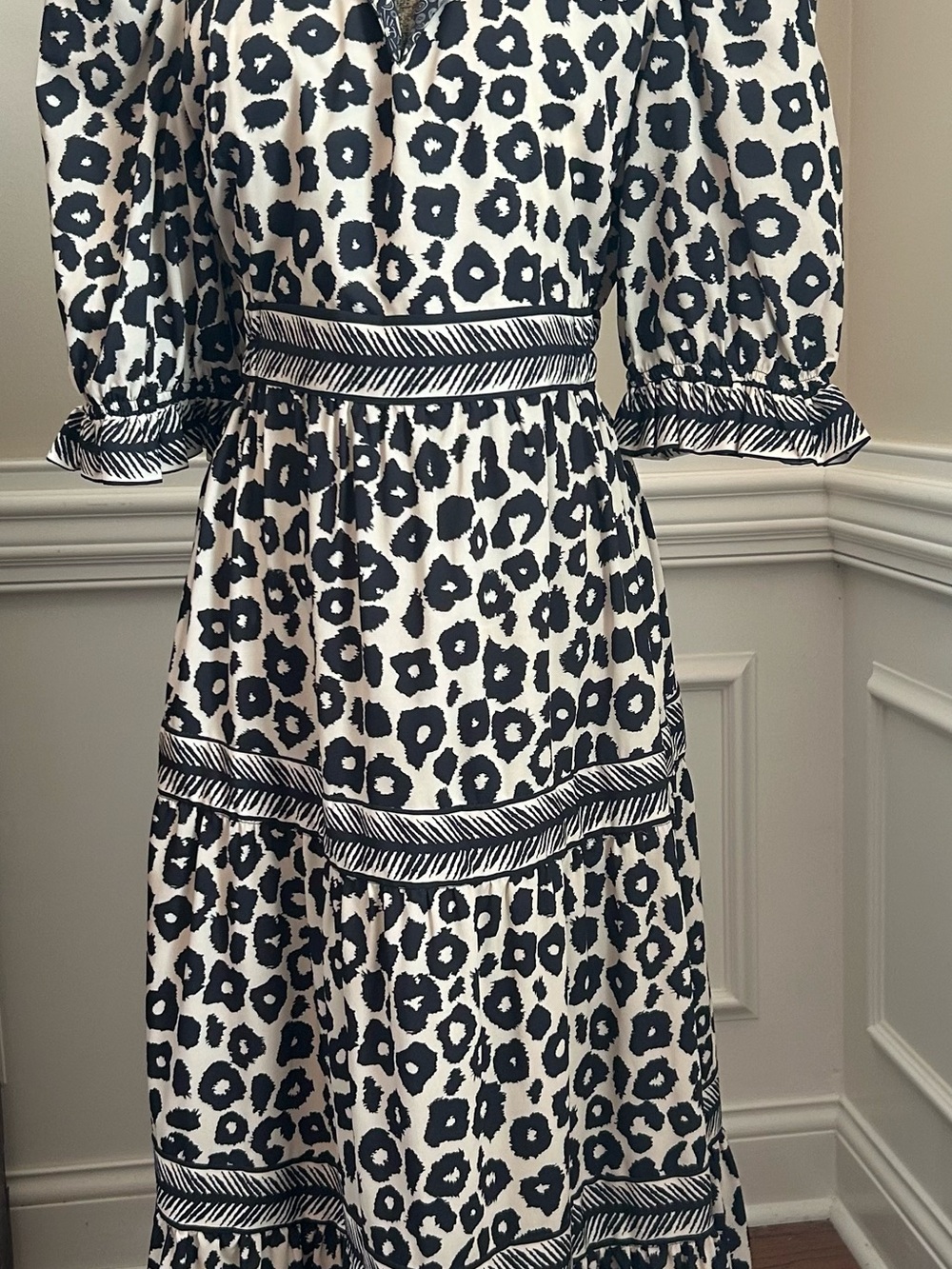Gretchen Scott Designs Black and White Leopard Tiered Midi Dress